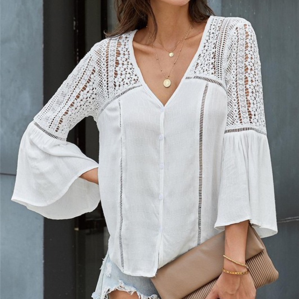 Boho White v neck floral crochet detail Blouse - Picture 4 of 6